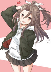 Rule 34 | 1girl, black jacket, black skirt, brown eyes, brown hair, commentary request, cowboy shot, fuji (pixiv24804665), hand in pocket, heart, high ponytail, highres, hood, hooded sweater, hoodie, jacket, kantai collection, long hair, official alternate costume, pleated skirt, skirt, smile, solo, sweater, white sweater, zuihou (kancolle)