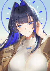 Rule 34 | 1girl, absurdres, adjusting hair, artist name, blue eyes, blue hair, blue nails, breasts, brown jacket, cleavage, commentary, english commentary, halo, highres, hololive, hololive english, jacket, large breasts, long hair, looking at viewer, macchirei, mechanical halo, nail polish, ouro kronii, ouro kronii (casual), shirt, smile, virtual youtuber, white shirt