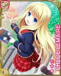 Rule 34 | 1girl, blonde hair, blue eyes, blue jacket, bow, breasts, card (medium), character name, chloe lemaire, day, from behind, girlfriend (kari), jacket, leg up, leggings, long hair, magazine (object), medium breasts, official art, open mouth, outdoors, plaid, plaid skirt, qp:flapper, red bow, red skirt, shirt, skirt, smile, solo, stairs, standing, tagme, white leggings, white shirt