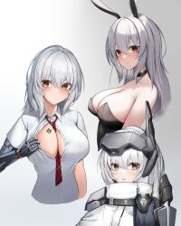 Rule 34 | 1girl, absurdres, animal ears, bare shoulders, between breasts, black leotard, blush, breasts, brown eyes, center opening, chun bae, cleavage, collared shirt, cropped torso, detached collar, goddess of victory: nikke, goggles, goggles on head, gradient background, grey hair, hair between eyes, highres, large breasts, leotard, long hair, looking at viewer, mechanical arms, multiple views, necktie, necktie between breasts, open clothes, open shirt, partially unbuttoned, playboy bunny, presenting, rabbit ears, shirt, simple background, snow white (nikke), solo