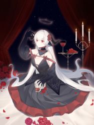 Rule 34 | 1girl, black dress, breasts, candle, cleavage, closed mouth, cup, curtains, detached sleeves, dress, drinking glass, flower, halo, highres, horns, large breasts, original, pappap, petals, red eyes, skull, solo, star (sky), white hair, wine glass, wings