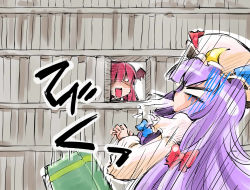 Rule 34 | 2girls, :d, absurdres, bat wings, blank eyes, book, bookshelf, crescent, dress, dropping, female focus, hair over one eye, hair ribbon, hat, head wings, highres, koakuma, long hair, multiple girls, no pupils, o o, open mouth, patchouli knowledge, prank, purple hair, red hair, ribbon, shaded face, shinapuu, smile, spit take, spitting, surprised, touhou, wings