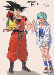 Rule 34 | 1girl, 2boys, anger vein, azusa (hws), belt, black hair, boots, breasts, bulma, cleavage, copyright name, dated, dragon ball, dragon ball (object), dragonball z, father and son, hat, jacket, multiple boys, shoes, short hair, shorts, sleeves rolled up, small breasts, socks, son gohan, son goku, spiked hair, strapless, sweatdrop, tail, tears, tube top, waving