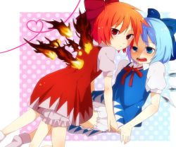Rule 34 | 2girls, achi cirno, alternate color, alternate element, bad id, bad pixiv id, blue eyes, blue hair, blush, bow, cirno, dual persona, embodiment of scarlet devil, fiery wings, fire, hair bow, kurasaki moroko, multiple girls, red eyes, red hair, short hair, sweat, touhou, wings