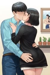 Rule 34 | 1boy, 1girl, ass, belt, black hair, black shirt, blue pants, blue shirt, blush, bob cut, brown belt, cactus, closed eyes, couple, denim, drawing (object), faceless, faceless male, hand on another&#039;s ass, hand on another&#039;s back, hetero, jagaimo (kkamja), jeans, kiss, long sleeves, looking at another, original, pants, picture frame, plant, potted plant, shelf, shirt, short hair, skirt, smile, soo ryeon (jagaimo (kkamja)), white skirt