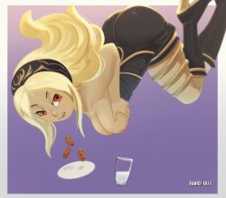 Rule 34 | 1girl, :p, :q, animated, animated gif, artist name, ass, blonde hair, breast milk, breasts, cookie, dark-skinned female, dark skin, food, gradient background, gravity daze, hairband, kitten (gravity daze), lactation, large breasts, long hair, looking at viewer, milk, milking, nipples, purple background, raised eyebrows, red eyes, signature, solo, spicy bardo, thighs, tongue, tongue out, topless