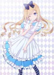 Rule 34 | 1girl, ;), ace (playing card), ace of hearts, alice (alice in wonderland), alice in wonderland, apron, argyle, argyle background, argyle clothes, black bow, blonde hair, blue dress, blue eyes, blush, bow, card, closed mouth, commentary request, dress, frilled apron, frilled dress, frills, hair bow, head tilt, heart, holding, holding card, long hair, maid apron, one eye closed, pantyhose, playing card, puffy short sleeves, puffy sleeves, ringlets, short sleeves, smile, solo, striped clothes, striped pantyhose, suzume anko, very long hair, white apron