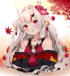 Rule 34 | 1girl, absurdres, autumn leaves, bare shoulders, bell, black kimono, blush, collarbone, commentary request, cropped torso, crying, crying with eyes open, double bun, eyebrows hidden by hair, hair bell, hair bun, hair ornament, head tilt, highres, hololive, horns, japanese clothes, jingle bell, kimono, leaf, long hair, looking at viewer, maple leaf, mask, mask on head, multicolored hair, nakiri ayame, nakiri ayame (1st costume), oni, oni mask, parted lips, red eyes, red hair, ribbon trim, silver hair, skin-covered horns, solo, streaked hair, tears, teeth, upper body, upper teeth only, virtual youtuber, yuya (yuya illust)