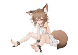Rule 34 | 1girl, animal ears, ankle cuffs, armlet, barefoot, between legs, brown hair, character request, commentary request, copyright request, dress, fang, flat chest, fluffy, full body, hair between eyes, hair ornament, highres, looking at viewer, naughty face, open mouth, orange eyes, original, short hair, simple background, sitting, skinny, solo, tail, white background, white dress, wuxian liumangxing