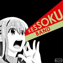 Rule 34 | 1girl, album cover, album cover redraw, black background, bocchi the rock!, copyright name, cover, derivative work, english text, franz ferdinand (band), gotoh hitori, greyscale, group name, highres, monochrome, open mouth, parody, rizal yoshida, you could have it so much better
