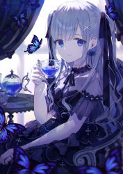 1girl, bangs, black dress, black nails, blue butterfly, blue eyes, breasts, bug, butterfly, crying, crying with eyes open, cup, curtains, dress, eyebrows visible through hair, gothic lolita, hair behind ear, hair ornament, hairclip, highres, holding, holding cup, insect, kappe reeka, lolita fashion, nail polish, original, small breasts, solo, teacup, teapot, tears, two side up, white hair, window