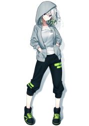 Rule 34 | 1girl, absurdres, bow, braid, collarbone, full body, hair bow, hands in pockets, highres, lips, looking at viewer, multicolored hair, official art, pants, purple eyes, sakuragi ren, shirt, shoes, short hair, silver hair, simple background, smile, solo, standing, sweatpants, sweater, t-shirt, virtual youtuber, white background, yuni (yuni channel), yuni channel