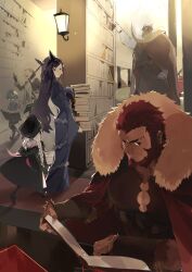 Rule 34 | 2girls, 4boys, armor, bara, beard, big nose, book, breastplate, breasts, cape, child, crown, dark-skinned male, dark skin, facial hair, fate/grand order, fate (series), floating, floating book, floating object, front slit, fur-trimmed cape, fur trim, glasses, hans christian andersen (fate), highres, holding, holding book, index finger raised, iskandar (fate), ivan the terrible (fate), large breasts, large pectorals, library, long hair, looking at viewer, mature male, monster boy, multiple boys, multiple girls, murasaki shikibu (fate), muscular, muscular male, nursery rhyme (fate), opaque glasses, open book, pectoral cleavage, pectorals, rathalosx4, red cape, red eyes, red hair, seductive smile, short hair, smile, talking, thick eyebrows, tusks, walking, william shakespeare (fate)