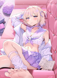 Rule 34 | 1girl, barefoot, blonde hair, blush, breasts, bu leike, choker, cleavage, collarbone, commentary request, couch, crop top, earrings, feet, foot out of frame, highres, hololive, hololive dev is, jacket, jewelry, lying, manga (object), medium breasts, midriff, miniskirt, multicolored hair, multiple earrings, nail polish, navel, off shoulder, on back, pom pom (cheerleading), purple eyes, purple hair, purple nails, sailor collar, school uniform, serafuku, short hair, skirt, soles, solo, streaked hair, todoroki hajime, toenail polish, toenails, toes, two side up, virtual youtuber