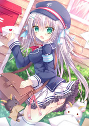 Rule 34 | 1girl, :3, :o, aqua eyes, bad id, bad pixiv id, bag, blush, breasts, chestnut mouth, clothes lift, goat, green hair, hair ornament, hair ribbon, hairclip, hat, heart, highres, holding, jacket, japanese postal mark, kohinata hoshimi, letter, long hair, looking at viewer, mailbox, mailman, moe2016, open mouth, original, outdoors, panties, pantyshot, pink panties, postbox, ribbon, shoulder bag, skirt, skirt lift, solo, sparkle, sunlight, thighhighs, underwear, white thighhighs, wind, wind lift, window, wooden wall, wristband, x hair ornament