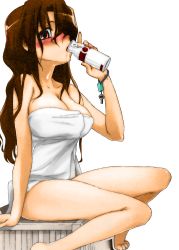 Rule 34 | 1girl, arm up, bare shoulders, blush, bolze, breasts, brown hair, cleavage, collarbone, colorized, drink, drinking, hayate no gotoku!, highres, holding, holding drink, key, large breasts, long hair, looking at viewer, looking back, maria (hayate no gotoku!), milk, naked towel, red eyes, sitting, solo, thighs, toes, towel, transparent background