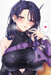 Rule 34 | 1girl, absurdres, bare shoulders, black hair, black leotard, blush, breasts, capelet, commentary, covered collarbone, cutout above navel, drooling, goddess of victory: nikke, hand up, headgear, heart, heart-shaped pupils, highres, isabel (nikke), large breasts, leotard, long hair, looking at viewer, midori (user nsaz3272), pink eyes, purple capelet, saliva, sidelocks, simple background, solo, spoken heart, standing, steam, symbol-shaped pupils, taut leotard, tongue, tongue out, two-sided capelet, upper body, vambraces, white background
