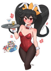 Rule 34 | 1boy, 1girl, ?, anger vein, animal ears, arm at side, ashley (warioware), bare arms, bare shoulders, black hair, black pantyhose, blue shirt, blush, bow, bowtie, breasts, breasts apart, cocktail glass, collarbone, commentary, covered navel, cowboy shot, cup, demon, detached collar, drinking glass, facial hair, fake animal ears, fake tail, gloves, goggles, goggles on head, hair between eyes, highleg, highleg leotard, highres, holding, holding tray, leotard, long hair, looking at viewer, medium breasts, mustache, nintendo, nose picking, pantyhose, parted lips, playboy bunny, pointy ears, rabbit tail, red bow, red bowtie, red eyes, red leotard, shirt, short sleeves, sidelocks, signature, simple background, strapless, strapless leotard, tail, teeth, tray, trembling, twintails, v-shaped eyebrows, vest, wakaba (wata ridley), wario, warioware, white background, wrist cuffs, yellow gloves