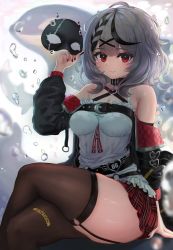Rule 34 | 1girl, absurdres, b-pang, bad id, bad pixiv id, bare shoulders, black hair, black jacket, blush, breasts, brown thighhighs, caution, closed mouth, commentary, crossed legs, feet out of frame, garter straps, hair ornament, hand up, highres, holding, holding mask, hololive, jacket, long sleeves, looking at viewer, mask, unworn mask, medium breasts, medium hair, miniskirt, multicolored hair, nail polish, off shoulder, orca, plaid, plaid skirt, pleated skirt, red eyes, red nails, red skirt, sakamata chloe, sakamata chloe (1st costume), shirt, silver hair, sitting, skirt, solo, streaked hair, thighhighs, virtual youtuber, white shirt, x hair ornament