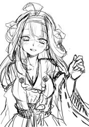 Rule 34 | 10s, 1girl, ahoge, blush, breasts, cleavage, detached sleeves, greyscale, hairband, headgear, japanese clothes, jewelry, kantai collection, kongou (kancolle), large breasts, long hair, looking at viewer, monochrome, open mouth, personification, ring, simple background, sketch, smile, solo, tobi (one), unfinished, white background, wide sleeves