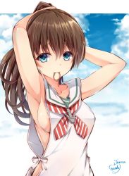 Rule 34 | 1girl, adjusting hair, areola slip, armpits, arms up, artist name, blue eyes, breasts, brown hair, cloud, cloudy sky, collarbone, cosplay, day, dress, hair between eyes, kantai collection, kumano (kancolle), libeccio (kancolle), libeccio (kancolle) (cosplay), long hair, looking at viewer, medium breasts, mouth hold, ponytail, rubber band, sailor dress, sideboob, sky, solo, suishin tenra, suitenjh