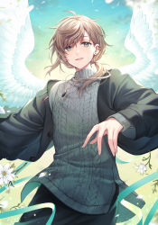 Rule 34 | 1boy, aran sweater, black jacket, black pants, blue sky, brown hair, cable knit, cloud, commentary request, day, ear piercing, feathered wings, flower, grey hair, grey sweater, hair between eyes, hair over shoulder, highres, jacket, kanae (nijisanji), long hair, long sleeves, looking at viewer, low ponytail, male focus, nijisanji, open clothes, open jacket, outdoors, pants, parted lips, petals, piercing, ponytail, shiao, sky, smile, solo, sweater, turtleneck, turtleneck sweater, virtual youtuber, white flower, white wings, wings