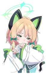Rule 34 | 1girl, animal ear headphones, animal ears, blonde hair, blue archive, blue necktie, blush, bow, cat tail, collared shirt, fake animal ears, green bow, green eyes, hair bow, headphones, ixy, jacket, long sleeves, midori (blue archive), necktie, shirt, short hair, simple background, solo, tail, upper body, white background, white jacket, white shirt