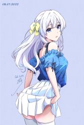 Rule 34 | 1girl, adjusting clothes, bare shoulders, black camisole, blue background, blue eyes, blue shirt, bow, camisole, clothes lift, dated, frilled shirt, frills, hair bow, highres, long hair, looking at viewer, looking back, nii manabu, original, parted lips, pleated skirt, purple background, shirt, short sleeves, signature, simple background, skirt, skirt lift, solo, standing, thighhighs, thighs, white hair, white skirt, white thighhighs, yellow bow, zettai ryouiki