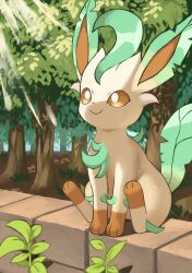 Rule 34 | absurdres, animal focus, bright pupils, brown eyes, closed mouth, commentary request, creatures (company), day, game freak, gen 4 pokemon, highres, jira (ziraiya26), leafeon, nintendo, no humans, outdoors, pokemon, pokemon (creature), sitting, smile, solo, tree, white pupils