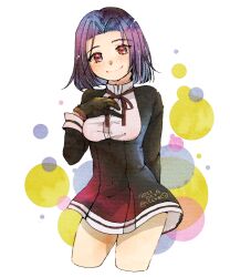 Rule 34 | 1girl, arm behind back, black dress, black gloves, breasts, circle, commentary request, cowboy shot, cropped legs, dated, dress, gloves, ichigo6480, kantai collection, medium breasts, purple hair, red eyes, short dress, smile, solo, tatsuta (kancolle), twitter username, underbust