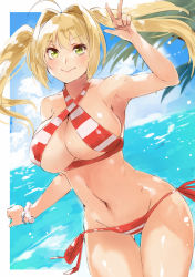 Rule 34 | 1girl, absurdres, ahoge, beach, bikini, blonde hair, breasts, closed mouth, cowboy shot, curvy, day, denizen tomo, fate/grand order, fate (series), gluteal fold, green eyes, hair intakes, halterneck, highres, large breasts, long hair, looking at viewer, navel, nero claudius (fate), nero claudius (fate) (all), nero claudius (swimsuit caster) (fate), ocean, outdoors, scrunchie, side-tie bikini bottom, sky, smile, solo, striped bikini, striped clothes, swimsuit, thigh gap, twintails, w, wrist scrunchie