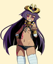 Rule 34 | 1girl, aged down, bandages, beckoning, beige background, blunt bangs, bracelet, breasts, cowboy shot, crown, dark-skinned female, dark skin, egyptian, egyptian clothes, gluteal fold, gold, grin, hair ornament, hair tubes, hand on own hip, jewelry, long hair, looking at viewer, monster girl encyclopedia, monster girl encyclopedia ii, nav (itsnav), navel, pharaoh (monster girl encyclopedia), pink eyes, purple hair, simple background, small breasts, smile, solo, tattoo, teeth, undead, very long hair, wide hips