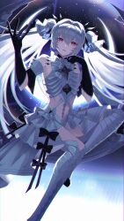 Rule 34 | 1girl, absurdres, bare shoulders, black gloves, cross-shaped pupils, detached sleeves, elbow gloves, gloves, grey hair, grey skirt, grey thighhighs, hair between eyes, hair tubes, highres, long hair, luna (punishing: gray raven), midriff, official alternate costume, parted lips, punishing: gray raven, purple eyes, skirt, solo, symbol-shaped pupils, thighhighs, toi pngr, twintails, very long hair