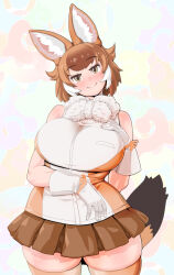 Rule 34 | 1girl, animal ears, bare shoulders, blush, bow, breasts, brown hair, dhole (kemono friends), dog ears, dog girl, dog tail, emil (fafa), extra ears, gloves, highres, huge breasts, kemono friends, kemono friends 3, looking at viewer, multicolored hair, open mouth, shirt, short hair, skirt, sleeveless, smile, solo, tail, thick thighs, thighs, two-tone hair, white hair