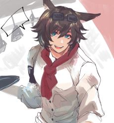 Rule 34 | 1boy, animal ears, arknights, bishounen, blue eyes, chef, courier (arknights), fox boy, fox ears, goggles, goggles on head, highres, hiyofumi, looking at viewer, male focus, open mouth, red scarf, scarf, short hair, smile, solo, upper body