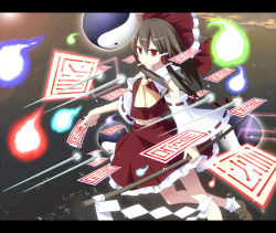 Rule 34 | 1girl, ascot, between fingers, bow, brown hair, collared shirt, commentary request, detached sleeves, expressionless, fantasy seal, floating, foot out of frame, frilled bow, frilled shirt collar, frills, glowing, gohei, hair between eyes, hair bow, hair tubes, hakurei reimu, holding, letterboxed, loafers, midriff, narira, navel, needle, ofuda, orb, partial commentary, red bow, red eyes, red shirt, red skirt, ribbon-trimmed sleeves, ribbon trim, sarashi, shirt, shoes, sidelocks, skirt, skirt set, sleeveless, sleeveless shirt, solo, throwing needles, touhou, white sleeves, wide sleeves, yellow ascot, yin yang, yin yang orb