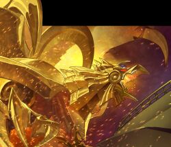 armor bird black_border border claws duel_monster embers forehead_jewel full_armor highres monster_focus no_humans quwrofsk8 red_eyes the_winged_dragon_of_ra wings yu-gi-oh!