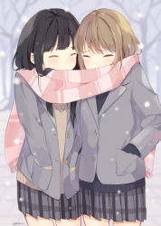 Rule 34 | 2girls, artist name, bare tree, black hair, blazer, blue sweater, blurry, blurry background, brown hair, brown sweater, buttons, closed eyes, closed mouth, cold, commentary request, covering own mouth, cowboy shot, enpera, fringe trim, grey jacket, grey skirt, hands in pockets, hazuki natsu, highres, jacket, lapels, long hair, long sleeves, multiple girls, open clothes, open jacket, original, pink scarf, pleated skirt, scarf, school uniform, shared clothes, shared scarf, short hair, skirt, snowing, sweater, tree, twitter username