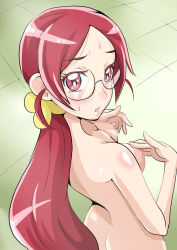 Rule 34 | 10s, 1girl, bad id, bad pixiv id, blush, breasts, completely nude, eyelashes, glasses, hanasaki tsubomi, heartcatch precure!, long hair, nipples, nude, pink eyes, ponytail, precure, red hair, round eyewear, small breasts, solo, sweat, toryuu