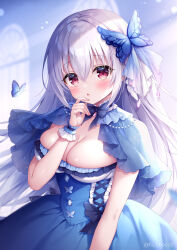 Rule 34 | 1girl, animal, blue capelet, blue dress, blurry, blurry background, breasts, bug, butterfly, butterfly hair ornament, capelet, cleavage, commentary, depth of field, dress, fang, frilled dress, frills, grey hair, hair between eyes, hair ornament, hand up, insect, long hair, looking at viewer, medium breasts, mitsuba choco, original, parted lips, red eyes, solo, symbol-only commentary, twitter username, very long hair, window, wrist cuffs