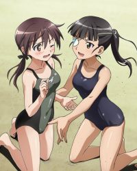 Rule 34 | 2girls, beach, black hair, blush, breasts, brown eyes, brown hair, eyepatch, gertrud barkhorn, kneeling, medium breasts, multiple girls, ocean, one eye closed, open mouth, ponytail, sakamoto mio, strike witches, swimsuit, twintails, world witches series