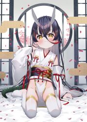 Rule 34 | 1girl, absurdres, bare shoulders, black hair, black nails, chinese zodiac, commentary request, detached sleeves, dragon girl, dragon horns, dragon tail, egasumi, groin, hair between eyes, hand up, highres, horns, japanese clothes, kimono, long hair, long sleeves, meito (maze), multicolored hair, nail polish, obi, original, petals, red hair, round window, sash, sitting, sleeves past wrists, solo, streaked hair, tail, thighhighs, very long hair, wariza, white kimono, white sleeves, white thighhighs, wide sleeves, window, year of the dragon, yellow eyes