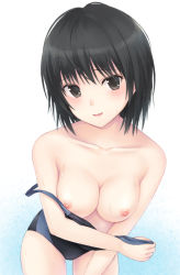 Rule 34 | 1girl, amagami, bad id, bad pixiv id, black eyes, black hair, blush, bob cut, breasts, clothes pull, competition swimsuit, leaning, leaning forward, looking at viewer, n.g., nanasaki ai, nipples, one-piece swimsuit, one-piece swimsuit pull, open mouth, short hair, smile, solo, swimsuit, undressing, wet