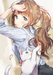 Rule 34 | 1girl, arms up, black pants, blue eyes, brown hair, cat, hair behind ear, hairband, highres, long hair, looking at viewer, original, pants, ponytail, shinishi chiho, shirt, shirt tucked in, sidelocks, signature, sleeves rolled up, solo, striped clothes, striped shirt, tying hair, upper body, watch, wavy hair, white cat, white shirt, wristwatch
