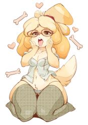 Rule 34 | 1girl, animal crossing, animal ears, bad id, bad pixiv id, bare shoulders, bespectacled, blonde hair, body fur, bone, breasts, chestnut mouth, cleavage, dog ears, dog girl, dog tail, full body, furry, furry female, glasses, grey thighhighs, hands on own face, heart, highres, isabelle (animal crossing), kneeling, navel, nintendo, off shoulder, panties, purple-framed eyewear, saliva, seiza, shirt, simple background, sitting, slugbox, small breasts, solo, tail, thick eyebrows, thick thighs, thigh gap, thighhighs, thighs, tongue, tongue out, topknot, unbuttoned, underwear, undone, unmoving pattern, wide hips