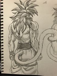Rule 34 | 1boy, back, body fur, clenched hands, dragon ball, dragon ball gt, fingernails, greyscale, hatching (texture), highres, long hair, male focus, monkey tail, monochrome, muscular, photo (medium), signature, sketch, sketchbook, solo, son goku, spiked hair, spikes, standing, super saiyan, super saiyan 4, tail, traditional media, wristband, yse5959