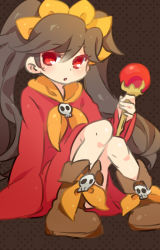 Rule 34 | 1girl, ashley (warioware), black hair, blush, boots, brown background, brown footwear, dress, female focus, flat chest, full body, gem, hairband, hand up, holding, holding staff, knees together feet apart, long hair, long sleeves, looking to the side, neckerchief, nintendo, open mouth, orange hairband, orange neckerchief, orb, pigeon-toed, red dress, red eyes, red gemstone, shiny skin, simple background, sitting, skull, sleeves past fingers, sleeves past wrists, solo, staff, twintails, ukata, warioware