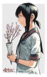 Rule 34 | 10s, 1girl, black hair, branch, brown eyes, character name, cherry blossoms, commentary request, fubuki (kancolle), fubuki kai ni (kancolle), hiro (chumo), holding, holding branch, kantai collection, low ponytail, sailor collar, sailor shirt, shirt, short hair, short sleeves, sidelocks, simple background, smile, solo, wristband