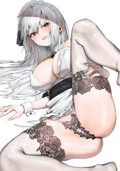Rule 34 | 1girl, breasts, cleavage, copyright request, hair between eyes, highres, large breasts, lingerie, looking at viewer, maid, maid headdress, open mouth, panties, poharo, red eyes, simple background, smile, solo, teeth, thighhighs, thighs, underwear, upper teeth only, white background, white hair, white panties, white thighhighs