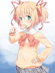 Rule 34 | 1girl, blonde hair, bow, cracker, food, green eyes, hand on own hip, hip focus, kamikita komari, level.21, little busters!, mouth hold, pink bow, school uniform, short hair, solo, twintails